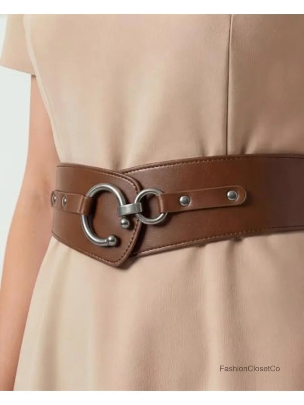 Wide Faux Leather Elastic Waist Belt with O-Ring Hook Closure